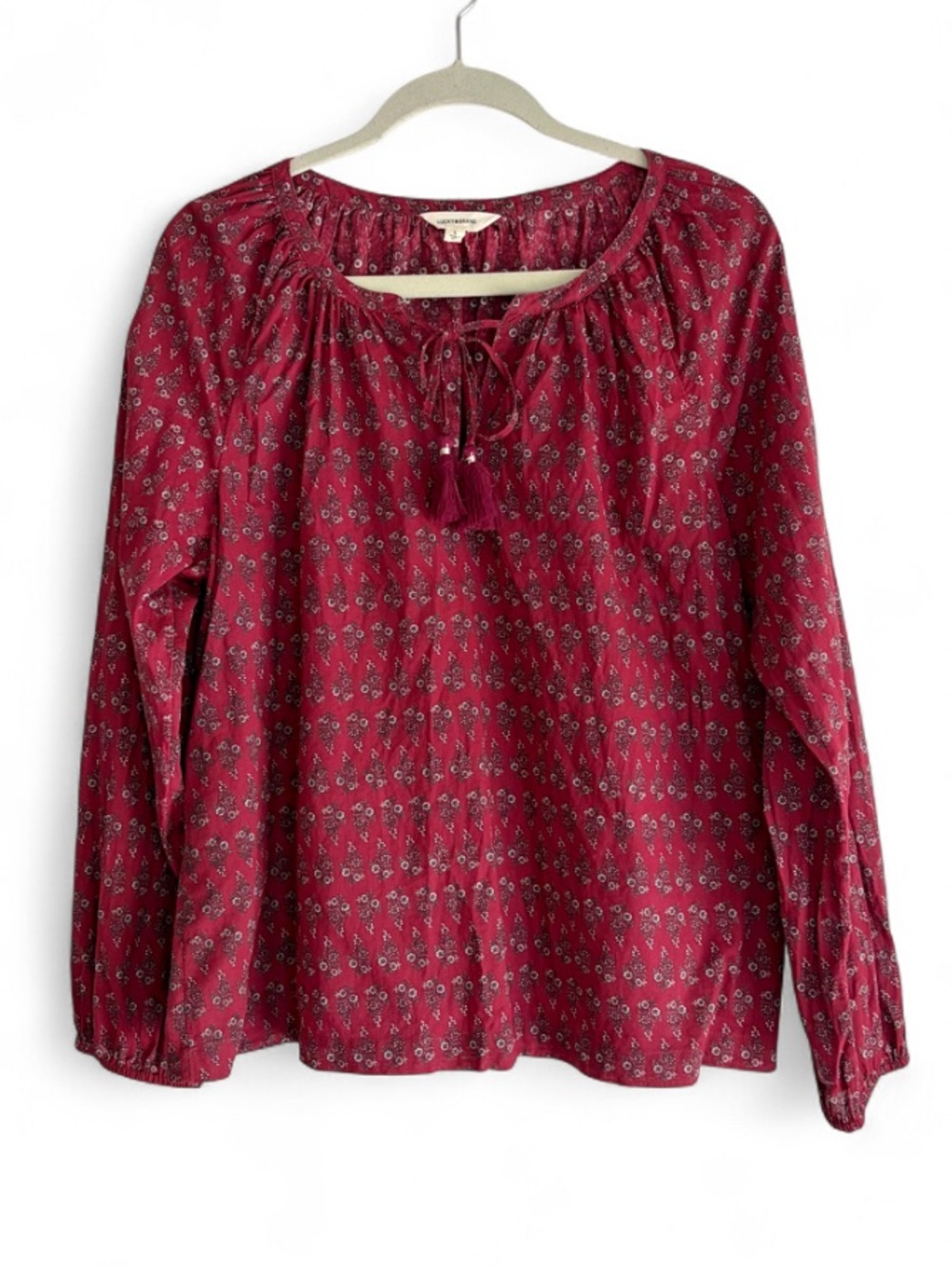 Lucky Brand 100% Cotton Red Floral Tie Neck Long Sleeve Blouse Size L